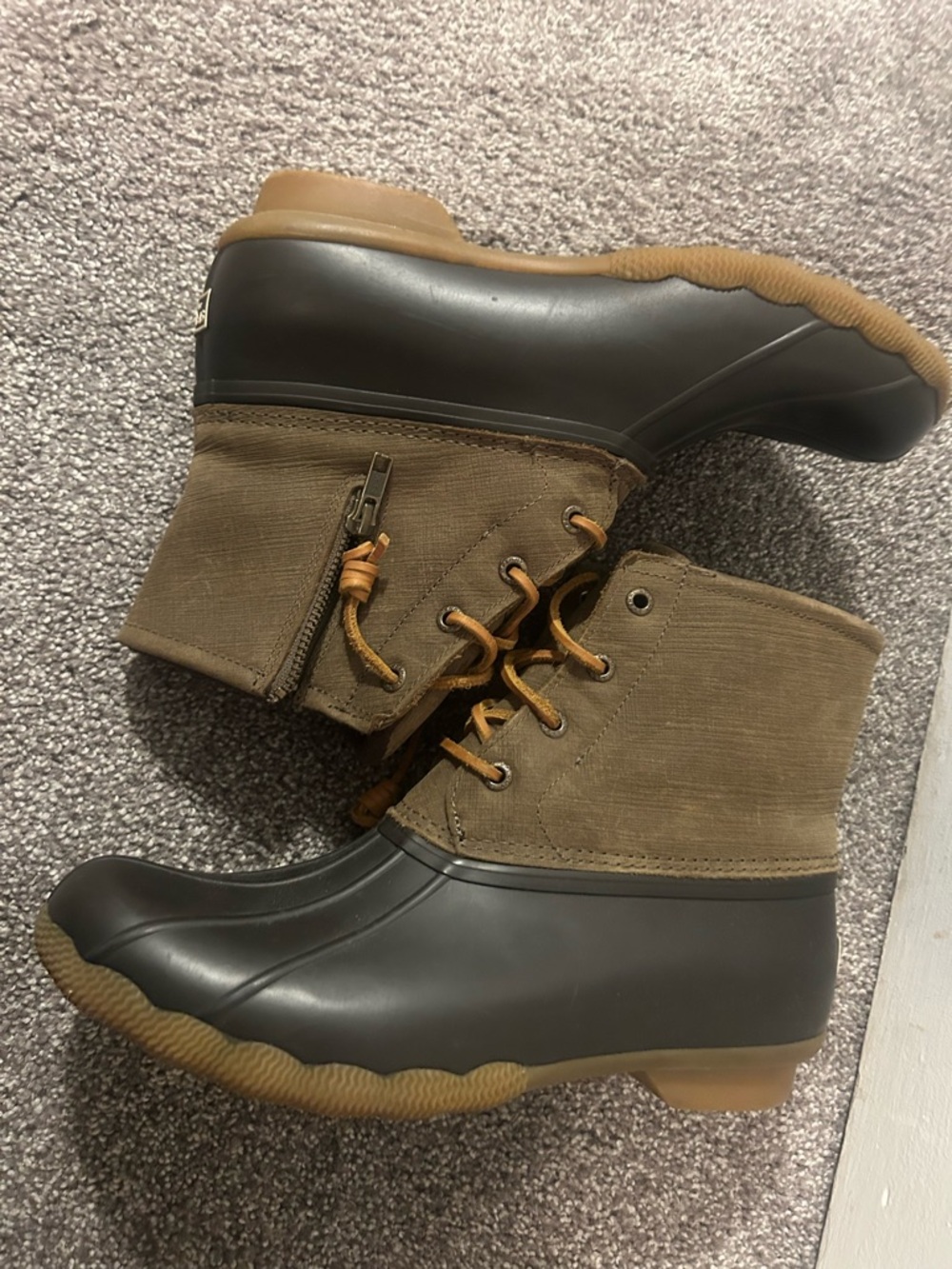 Sperry Two-Tone Waterproof Duck Boots in Olive Green and Brown